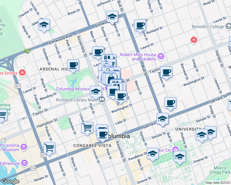 map of restaurants, bars, coffee shops, grocery stores, and more near 1545 Main Street in Columbia