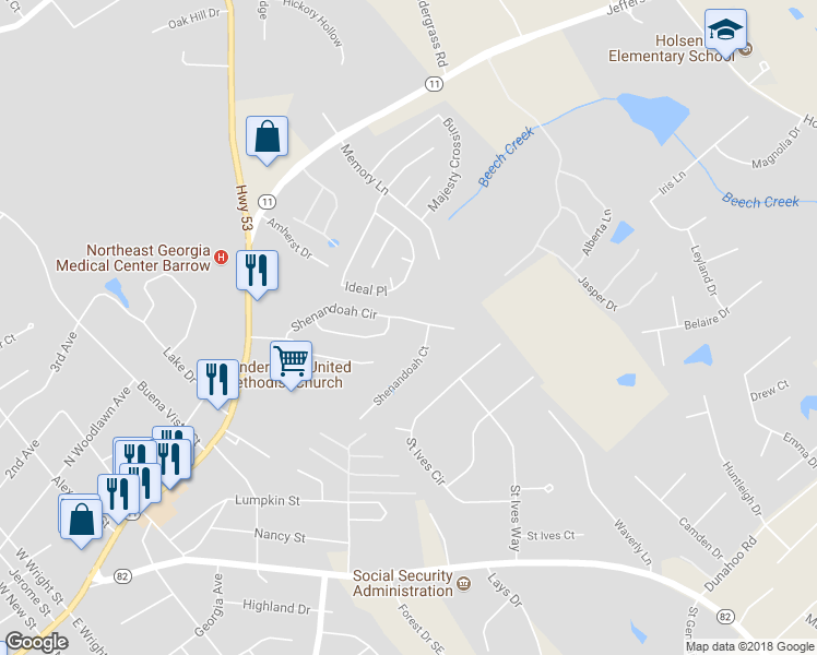 map of restaurants, bars, coffee shops, grocery stores, and more near 339 Shenandoah Circle in Winder
