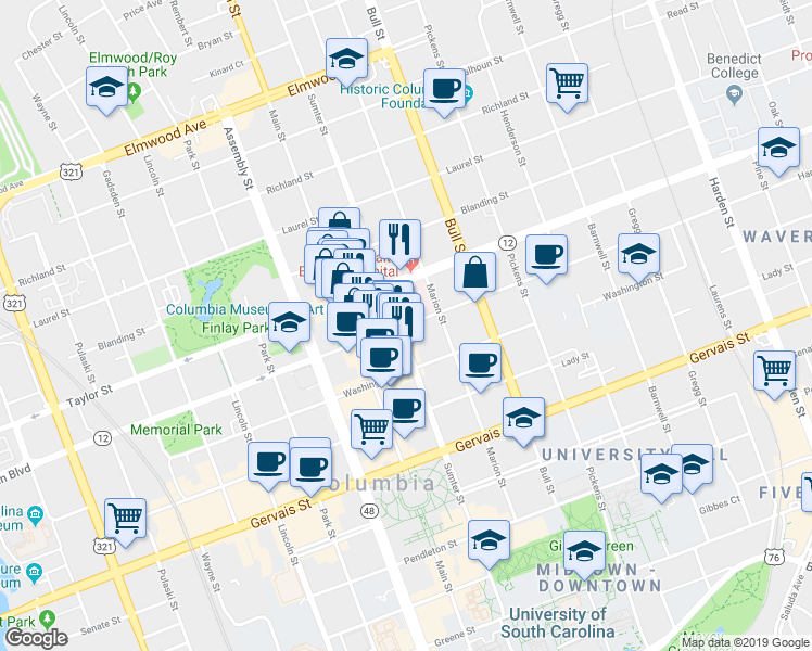 map of restaurants, bars, coffee shops, grocery stores, and more near 1306 Hampton St in Columbia