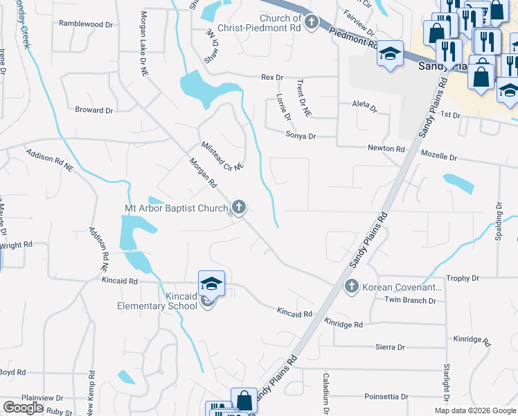 map of restaurants, bars, coffee shops, grocery stores, and more near 2382 Wilderness Way in Marietta