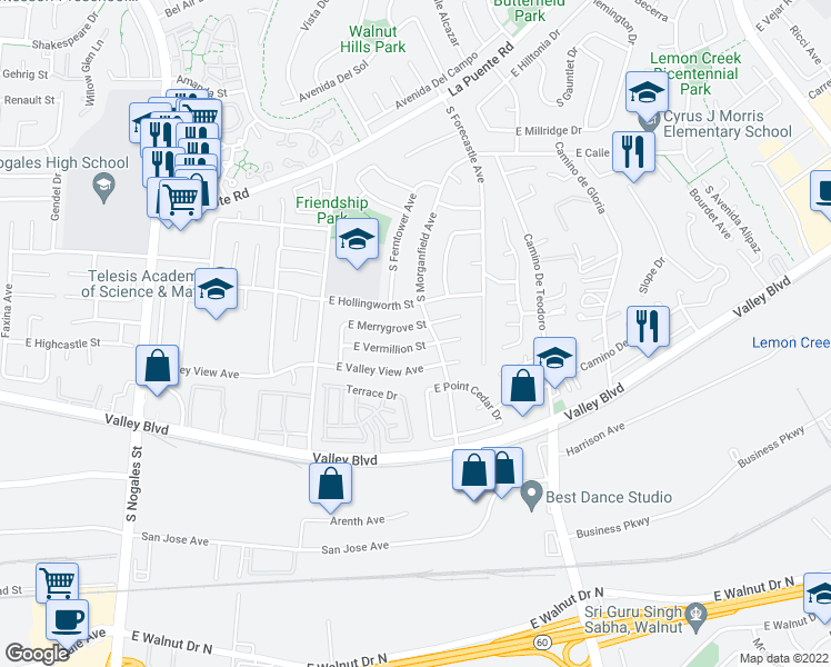 map of restaurants, bars, coffee shops, grocery stores, and more near 3130 East Merrygrove Street in West Covina