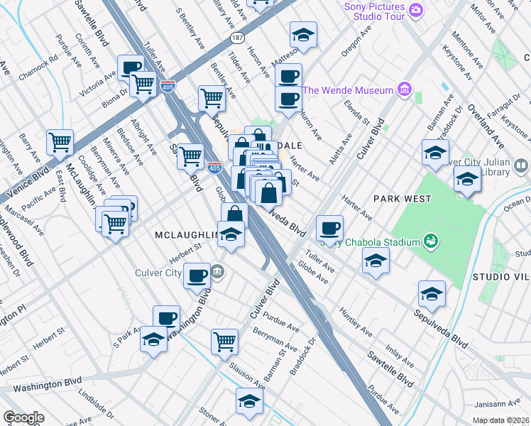 map of restaurants, bars, coffee shops, grocery stores, and more near 11208 Washington Boulevard in Culver City
