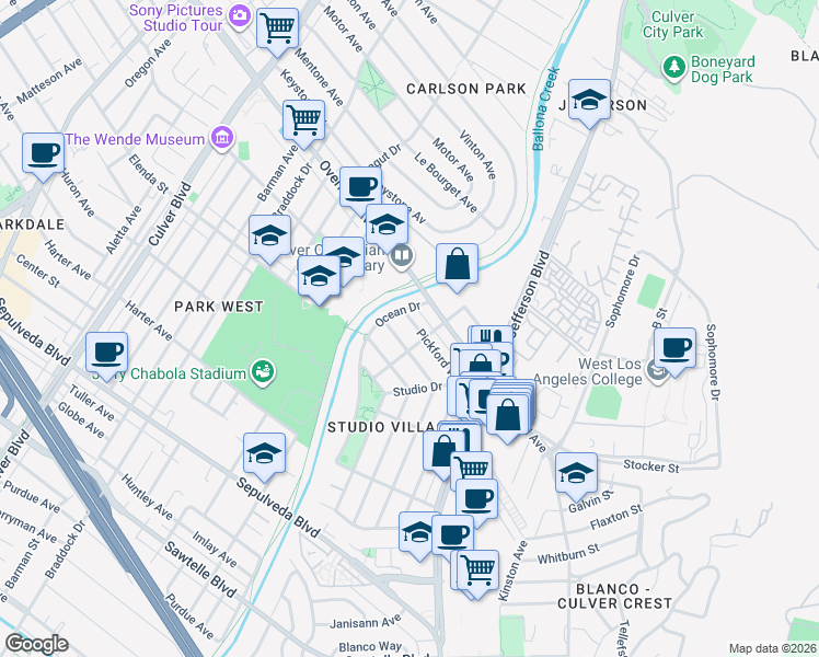 map of restaurants, bars, coffee shops, grocery stores, and more near 5029 Pickford Way in Culver City