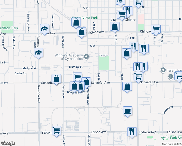 map of restaurants, bars, coffee shops, grocery stores, and more near 13625 Monte Vista Avenue in Chino