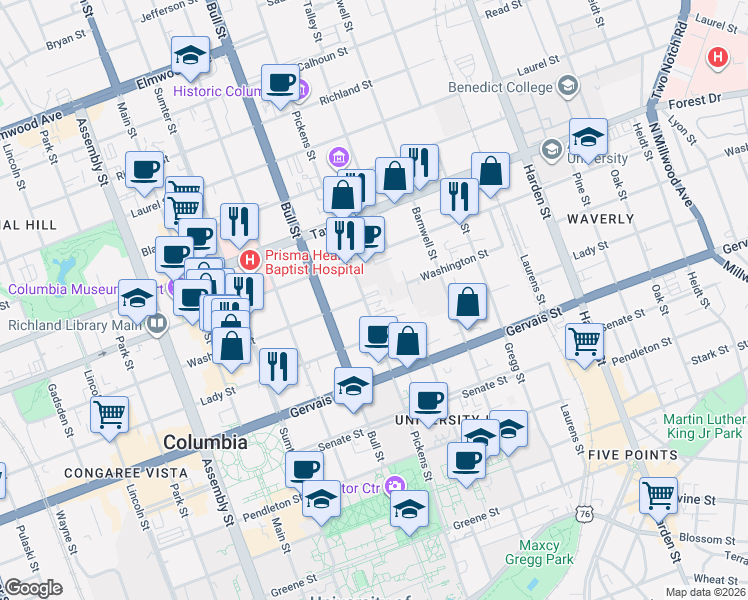 map of restaurants, bars, coffee shops, grocery stores, and more near 1336 Pickens St in Columbia