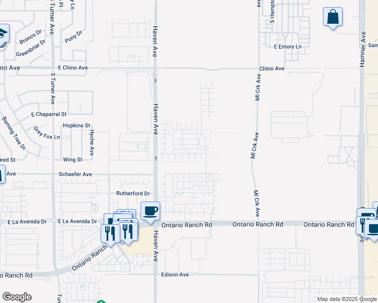 map of restaurants, bars, coffee shops, grocery stores, and more near 3610 East Pollock Street in Ontario