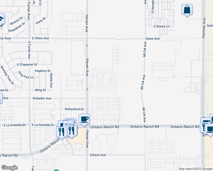 map of restaurants, bars, coffee shops, grocery stores, and more near 3610 East Pollock Street in Ontario