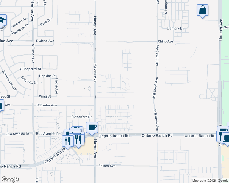 map of restaurants, bars, coffee shops, grocery stores, and more near 3610 East Pollock Street in Ontario