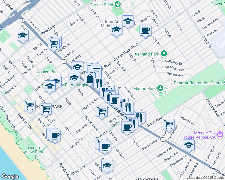 map of restaurants, bars, coffee shops, grocery stores, and more near 1015 Ashland Avenue in Santa Monica
