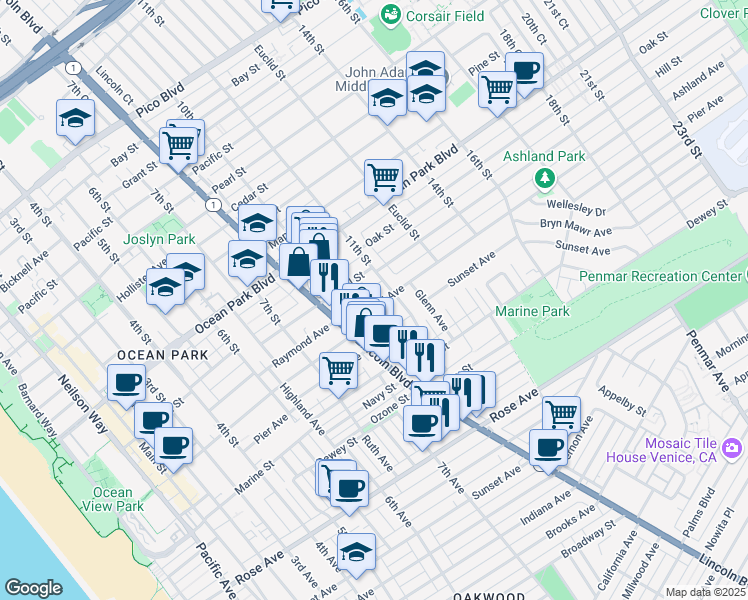 map of restaurants, bars, coffee shops, grocery stores, and more near 1015 Ashland Avenue in Santa Monica