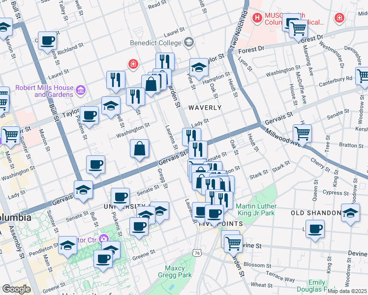 map of restaurants, bars, coffee shops, grocery stores, and more near 2025 Gervais Street in Columbia
