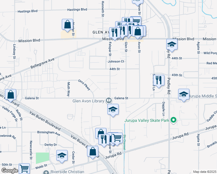 map of restaurants, bars, coffee shops, grocery stores, and more near 9213 Tara Circle in Riverside