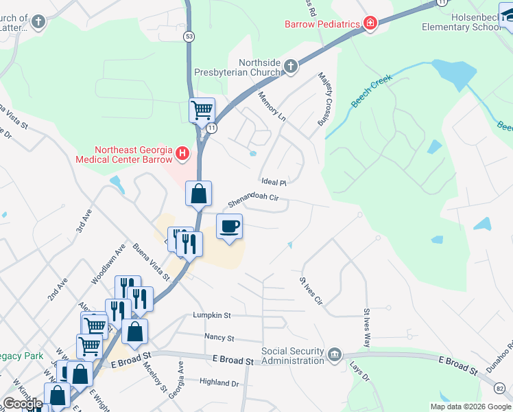 map of restaurants, bars, coffee shops, grocery stores, and more near 508 Shenandoah Lane in Winder