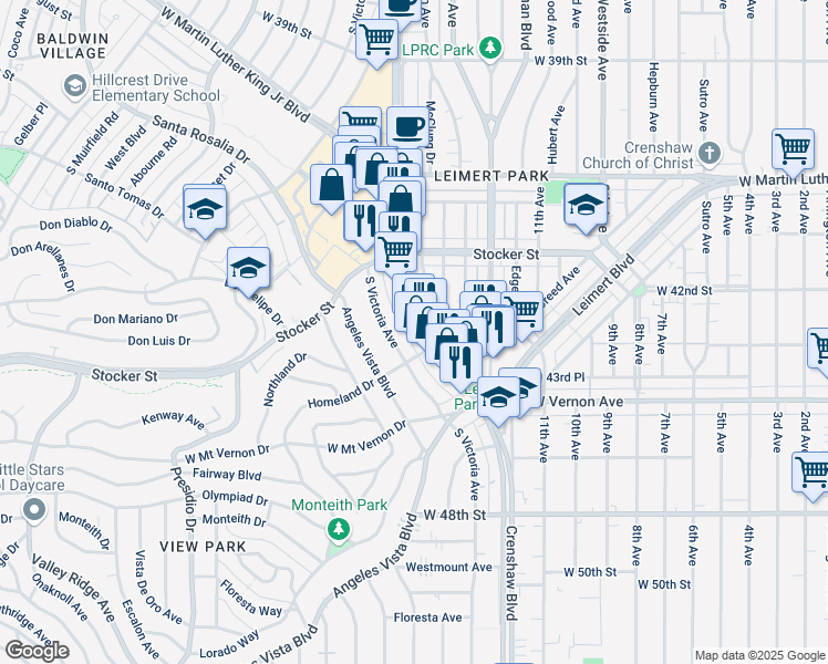 map of restaurants, bars, coffee shops, grocery stores, and more near 4257 Crenshaw Boulevard in Los Angeles