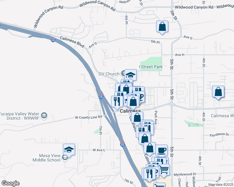 map of restaurants, bars, coffee shops, grocery stores, and more near 13650 Calimesa Boulevard in Yucaipa
