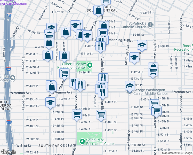 map of restaurants, bars, coffee shops, grocery stores, and more near 467 East 43rd Street in Los Angeles