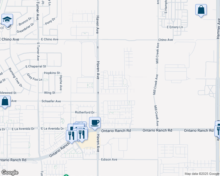 map of restaurants, bars, coffee shops, grocery stores, and more near 13661-14099 Haven Avenue in Ontario