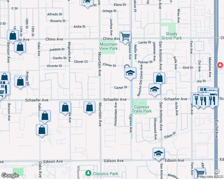 map of restaurants, bars, coffee shops, grocery stores, and more near 13602 Joshua Lane in Chino