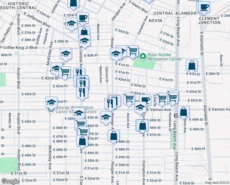 map of restaurants, bars, coffee shops, grocery stores, and more near 1252 East 42nd Place in Los Angeles