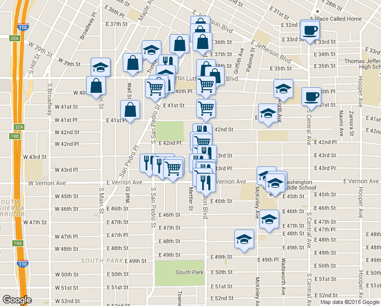 map of restaurants, bars, coffee shops, grocery stores, and more near 476 East 42nd Place in Los Angeles