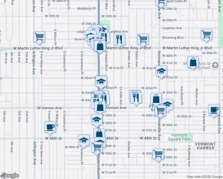 map of restaurants, bars, coffee shops, grocery stores, and more near 4224 South Harvard Boulevard in Los Angeles
