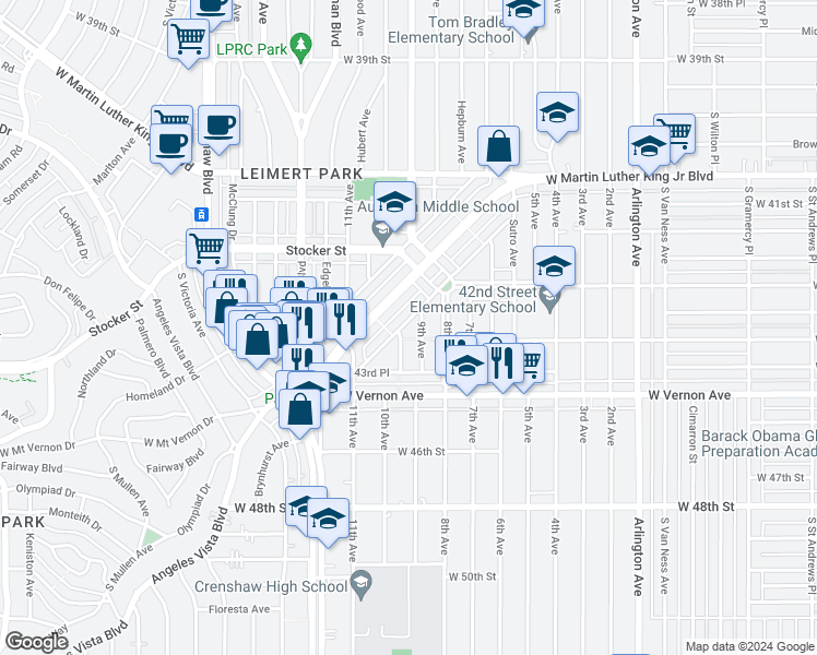 map of restaurants, bars, coffee shops, grocery stores, and more near 4264 Leimert Boulevard in Los Angeles