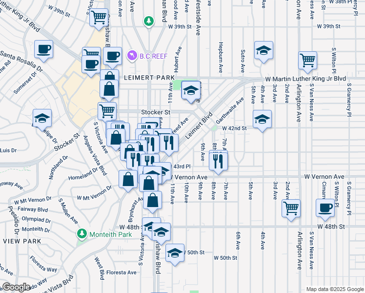 map of restaurants, bars, coffee shops, grocery stores, and more near 4273 Leimert Boulevard in Los Angeles