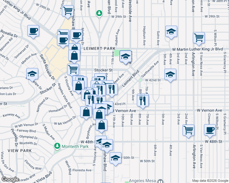 map of restaurants, bars, coffee shops, grocery stores, and more near 4273 Leimert Boulevard in Los Angeles