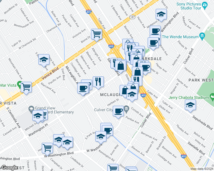 map of restaurants, bars, coffee shops, grocery stores, and more near 11358 Washington Place in Los Angeles