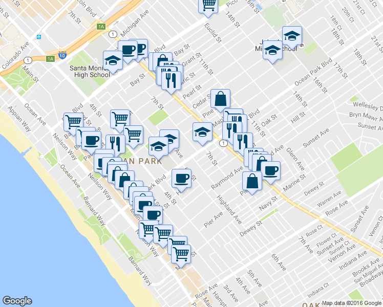 map of restaurants, bars, coffee shops, grocery stores, and more near 2520 7th Street in Santa Monica