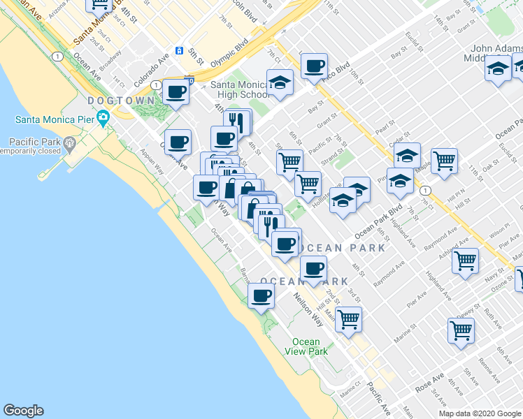 map of restaurants, bars, coffee shops, grocery stores, and more near 241 Pacific Street in Santa Monica