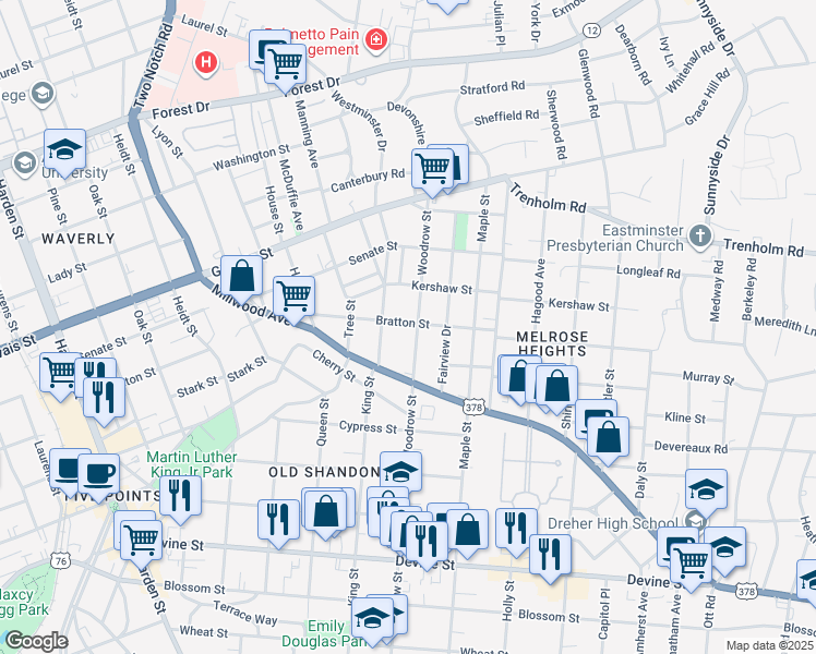 map of restaurants, bars, coffee shops, grocery stores, and more near 1210 Woodrow Street in Columbia