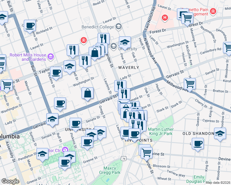 map of restaurants, bars, coffee shops, grocery stores, and more near 1225 Harden Street in Columbia