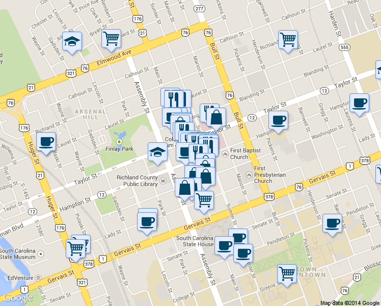map of restaurants, bars, coffee shops, grocery stores, and more near 1545 Main Street in Columbia