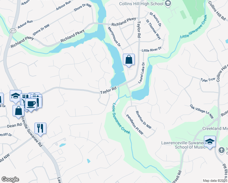 map of restaurants, bars, coffee shops, grocery stores, and more near 265 Lee River Cove in Suwanee