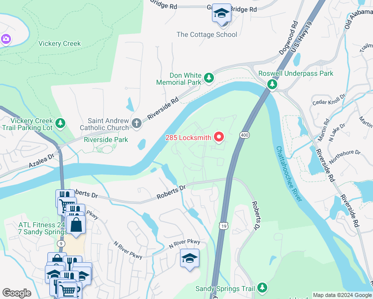 map of restaurants, bars, coffee shops, grocery stores, and more near 9401 Roberts Drive in Atlanta
