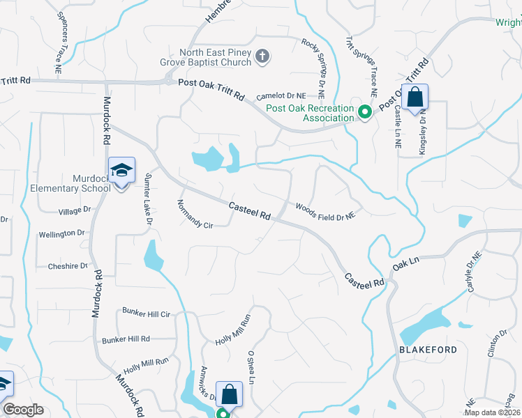 map of restaurants, bars, coffee shops, grocery stores, and more near 3301 Casteel Road in Marietta