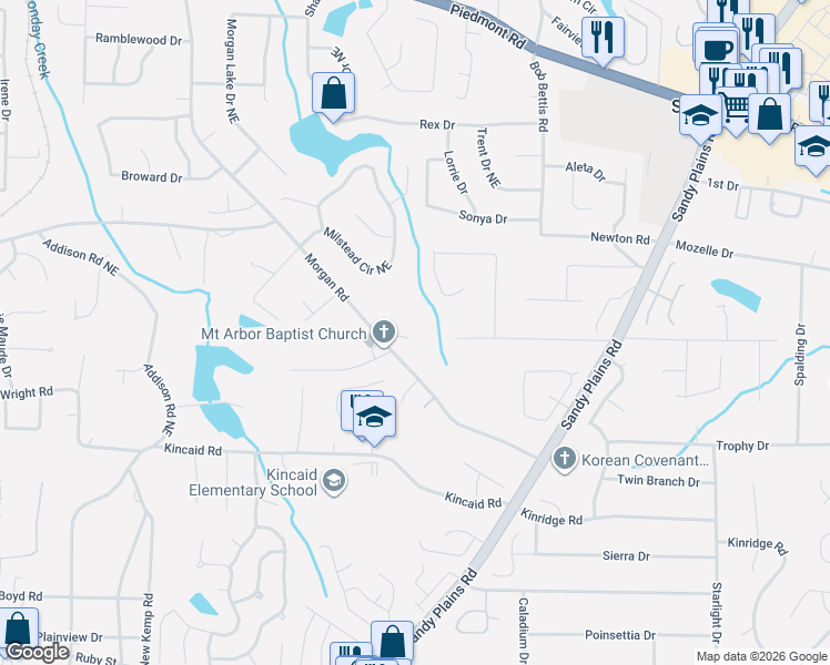 map of restaurants, bars, coffee shops, grocery stores, and more near 2382 Wilderness Way in Marietta