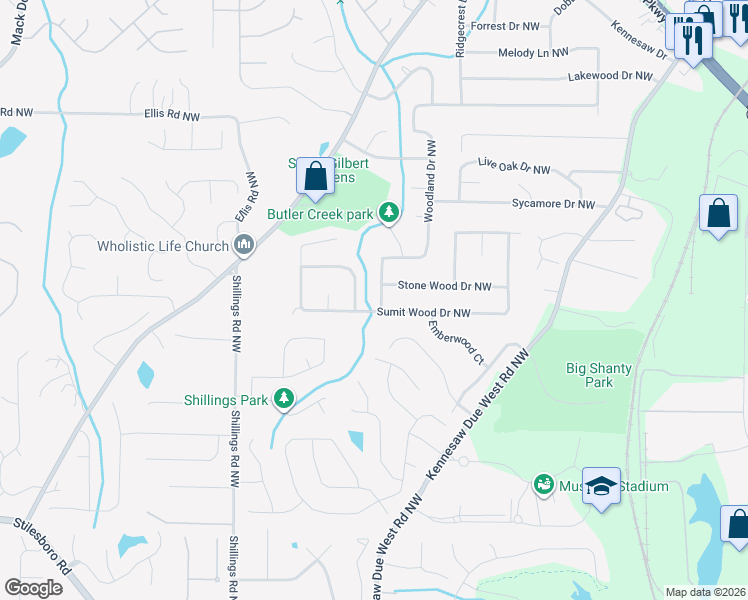 map of restaurants, bars, coffee shops, grocery stores, and more near 6010 Woodland Drive Northwest in Kennesaw