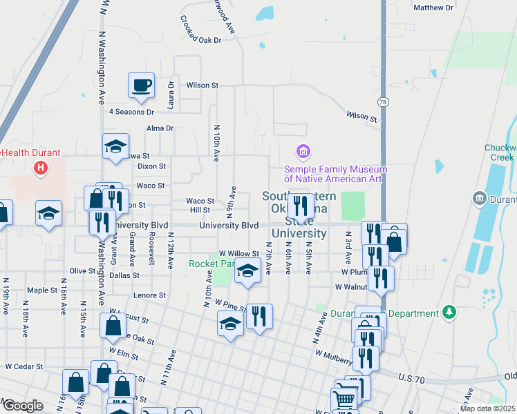 map of restaurants, bars, coffee shops, grocery stores, and more near 1424 North 8th Avenue in Durant