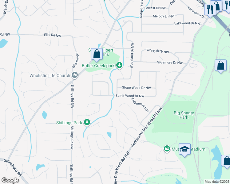 map of restaurants, bars, coffee shops, grocery stores, and more near 6010 Woodland Drive Northwest in Kennesaw