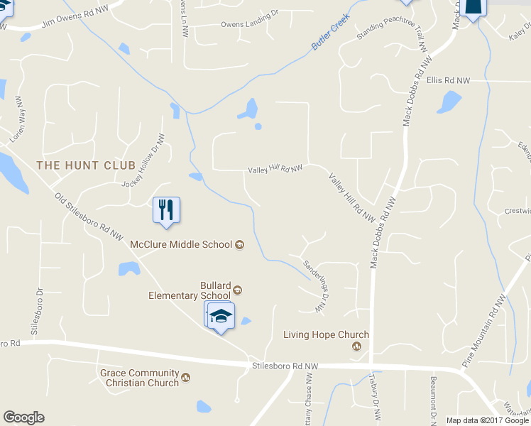 map of restaurants, bars, coffee shops, grocery stores, and more near 2102 Rocky Falls Ct NW in Kennesaw