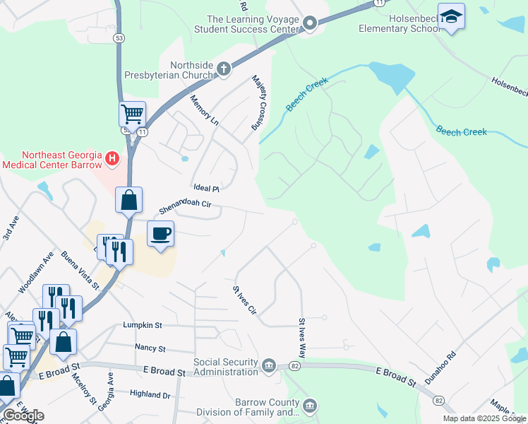 map of restaurants, bars, coffee shops, grocery stores, and more near 354 Shenandoah Circle in Winder