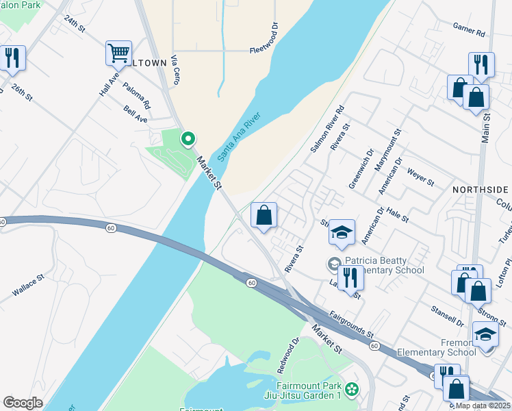 map of restaurants, bars, coffee shops, grocery stores, and more near 1795 Julia Way in Riverside