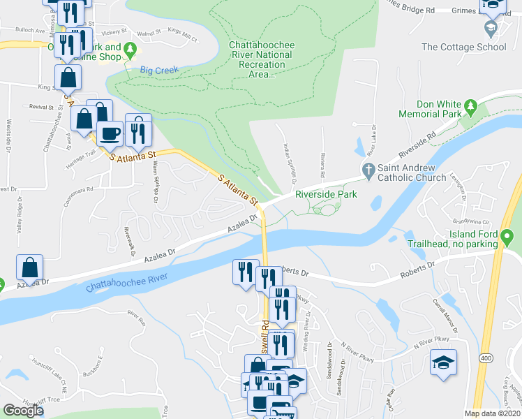 map of restaurants, bars, coffee shops, grocery stores, and more near 0 South Atlanta Street in Roswell