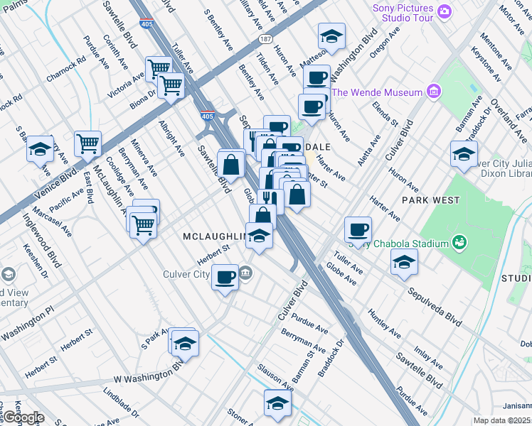 map of restaurants, bars, coffee shops, grocery stores, and more near 4056 Globe Avenue in Culver City