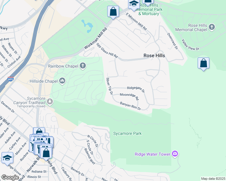 map of restaurants, bars, coffee shops, grocery stores, and more near 4706 Silver Tip Drive in Whittier