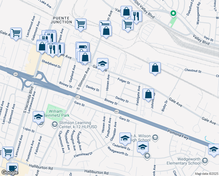 map of restaurants, bars, coffee shops, grocery stores, and more near 1158 Hinnen Avenue in Hacienda Heights