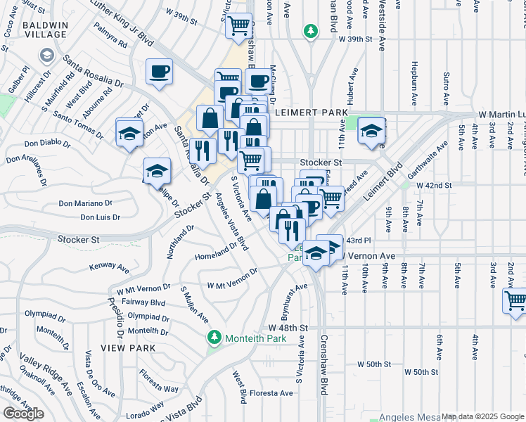 map of restaurants, bars, coffee shops, grocery stores, and more near 4279 Crenshaw Boulevard in Los Angeles