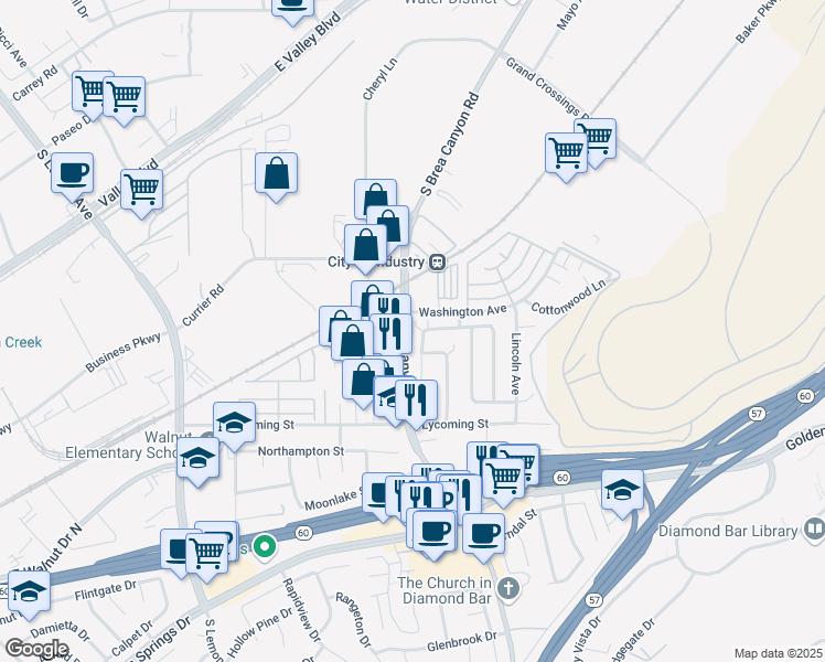 map of restaurants, bars, coffee shops, grocery stores, and more near 773 Windwood Drive in Walnut